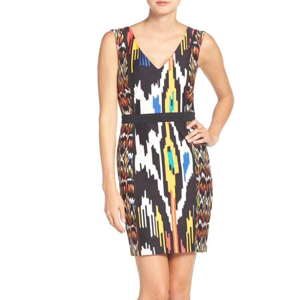 French Connection NEW Ikat Cotton Bodycon 2way Back Zipper  Dress Black Red Sexy - Picture 3 of 12